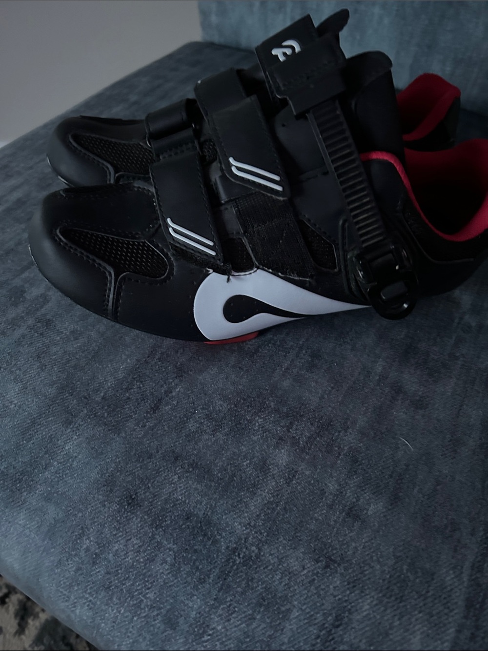 Peloton Black Cycling Shoes with White Logo and Pink Lining